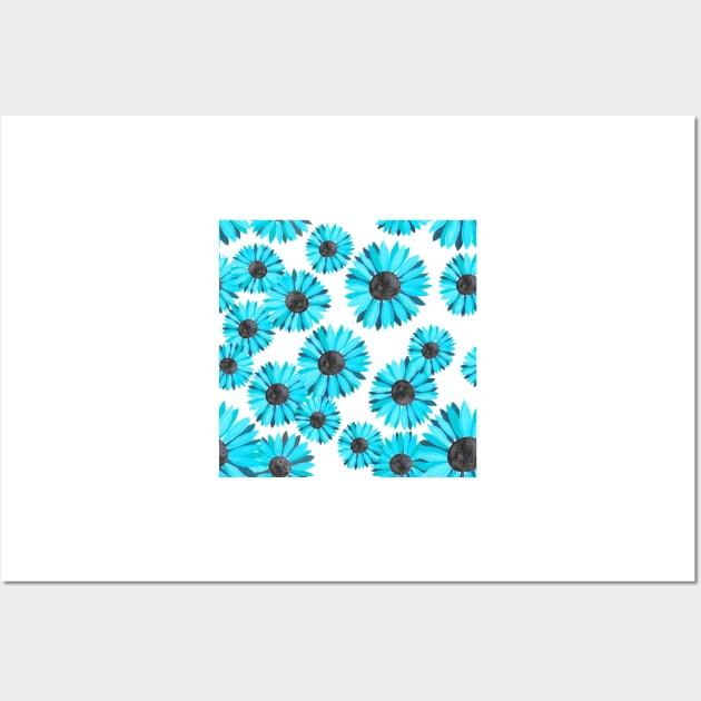 Watercolor Sunflowers Pattern - Light Blue Background Wall Art by monitdesign